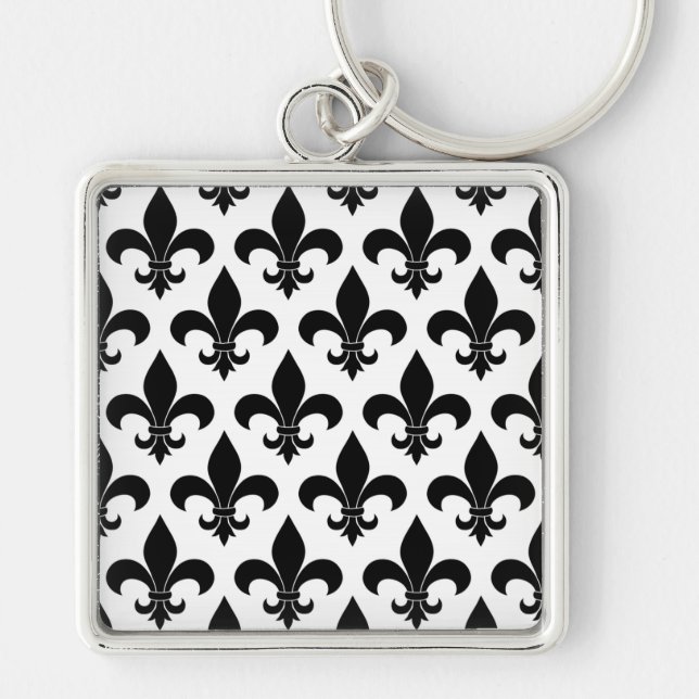 Fransk fleur de lis mönster Parisian Fyrkantig Silverfärgad Nyckelring (Framsidan)