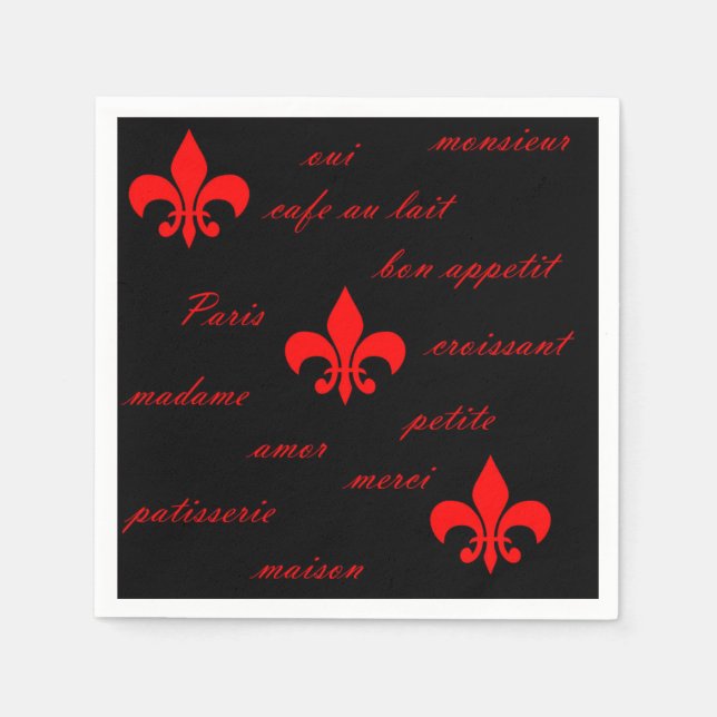 Fransk Fleur De Lis Red and Black Napkin Pappersservett (Framsidan)