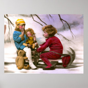 Fransk flickor leker med leksak i snö poster