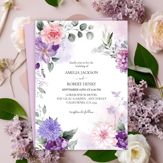 Fransk för vattenfärgen blommigt lilac lavender Br Inbjudningar (Skapare uppladdad)