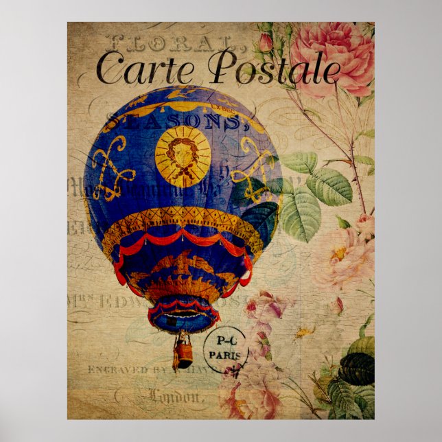 Fransk för vykort för luftballongens Vintage Poste Poster (Framsidan)