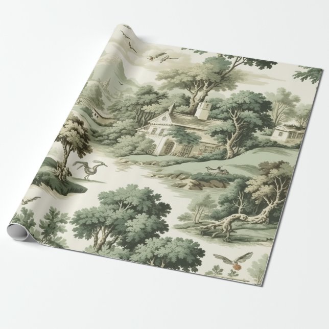 Fransk gårdshusgrön Toile bymönster Presentpapper (Utrullad)