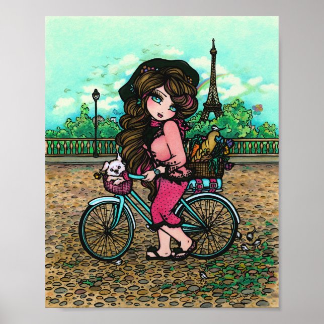 Fransk Girl & Cute Puppy Paris Eiffel Torn Poster (Framsidan)