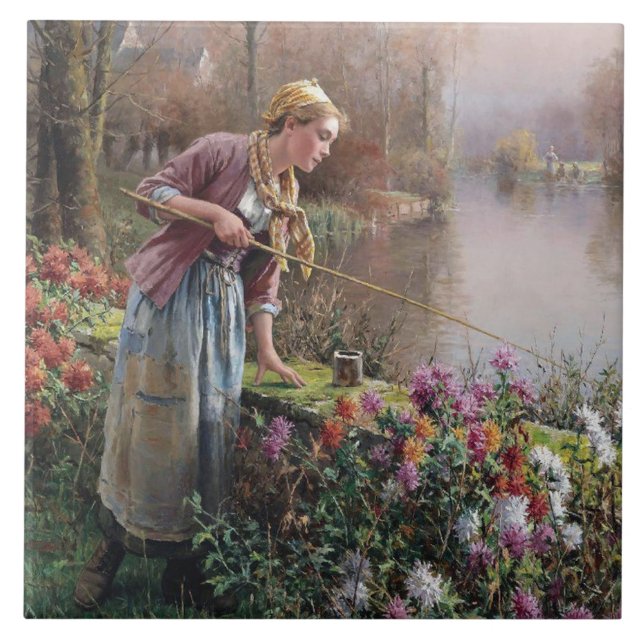 Fransk Girl Fishing in Brittany Kakelplatta (Framsidan)