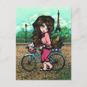 Fransk Girl & Puppy Paris Bicycle Art Postcard Vykort
