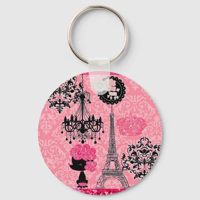 Fransk Girly Eiffel Torn, Puppy & Damask Elegant Nyckelring (Framsida)