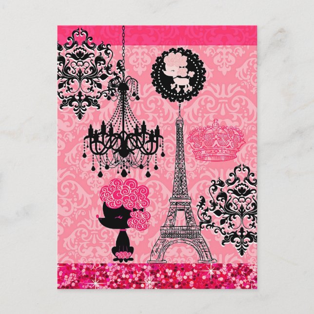 Fransk Girly Eiffel Torn, Puppy & Damask Elegant Vykort (Framsida)
