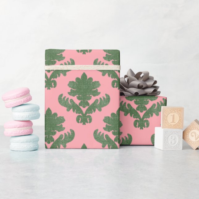 Fransk gobeläng grön och rosa presentpapper (Baby Shower)