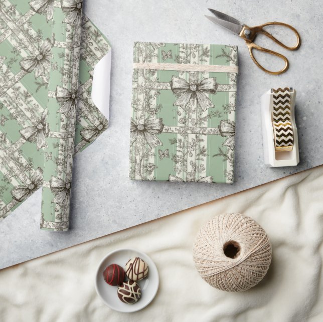 Fransk grön jul toile slinga mönstrad presentpapper (Hantverk)