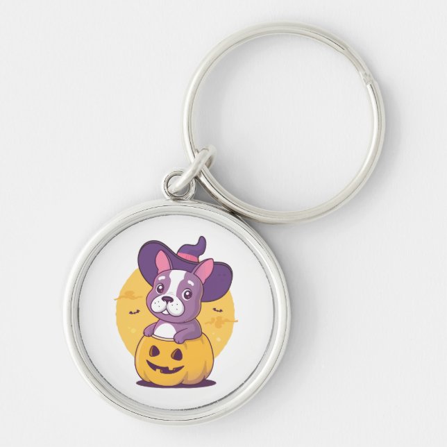 Fransk Halloween Rund Silverfärgad Nyckelring (Framsidan)
