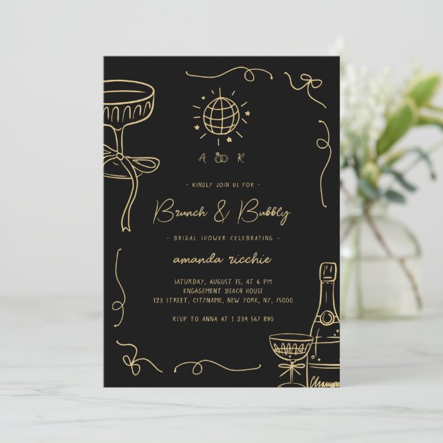 Fransk handritad Brunch & Bubbly bröllopsdusch Inbjudningar (Stående Fram)