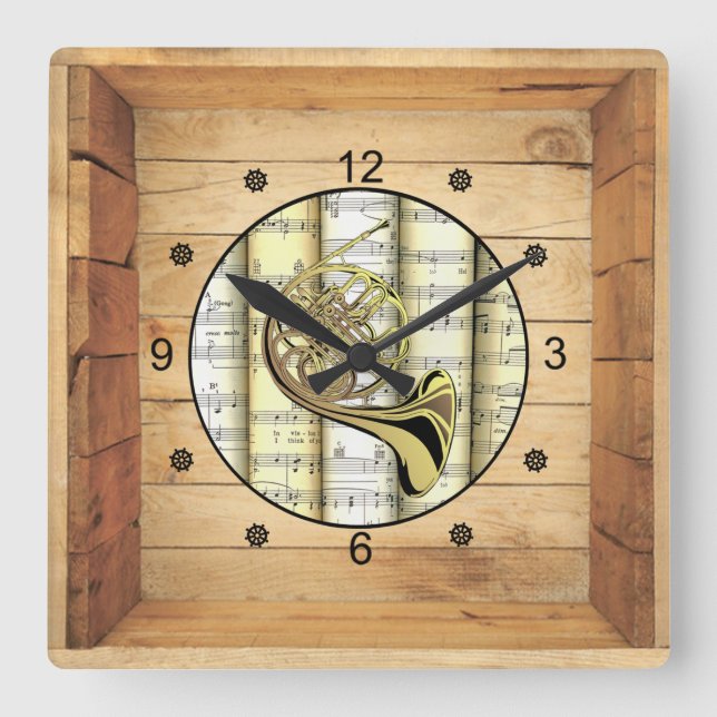 Fransk Horn ~ 3 Dimensional ~ Folkruta ~ Fyrkantig Klocka (Framsida)