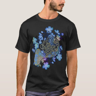 Fransk Horn Art Band Class Music Blåa blommor T Shirt