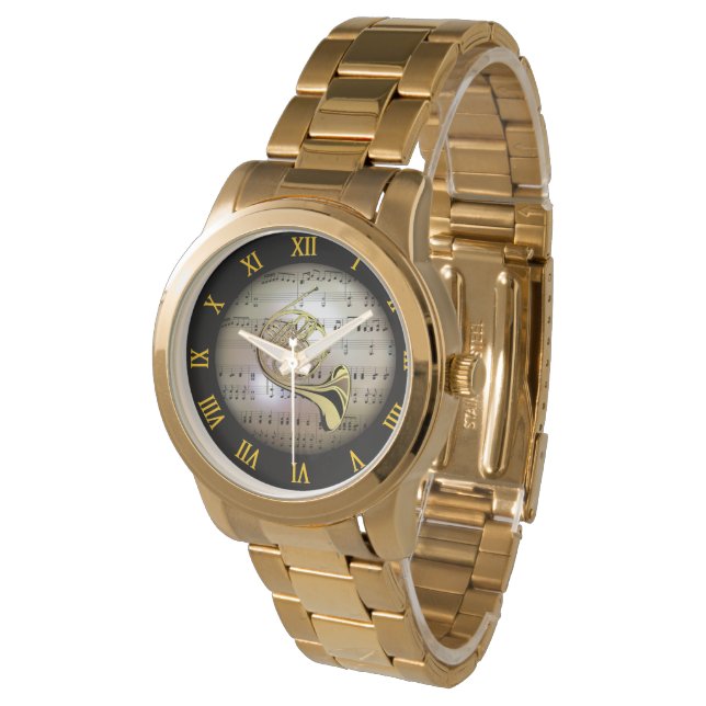 Fransk Horn ~ Bakgrund "Musical Planet" * ~ Armbandsur (Vinklad)