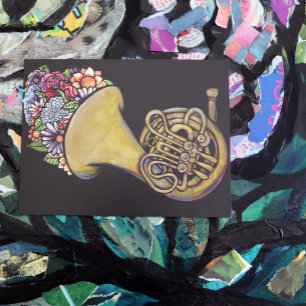 Fransk Horn Band Music Blommigt Art Vykort