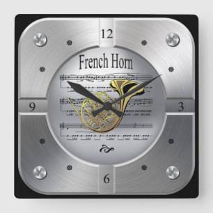 Fransk Horn ~Lakan Music ~ Brushed Silver Färg ~ Fyrkantig Klocka