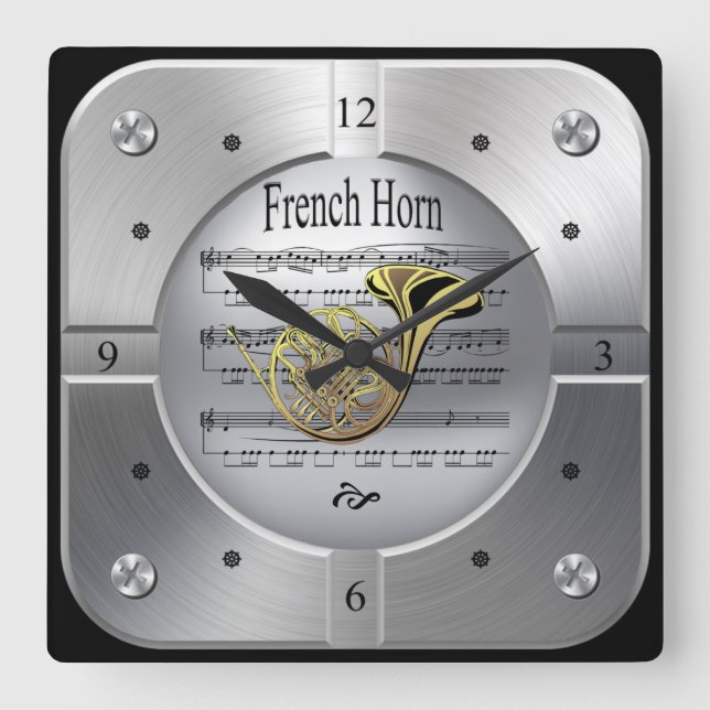 Fransk Horn ~Lakan Music ~ Brushed Silver Färg ~ Fyrkantig Klocka (Framsida)