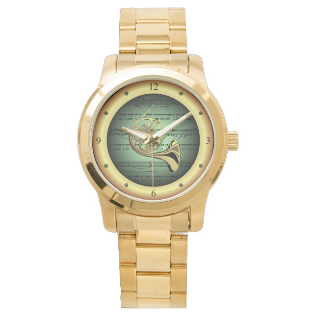 Fransk Horn ~ Lakan Music ~ Grönt/Guld-bakgrund Armbandsur (Framsida)