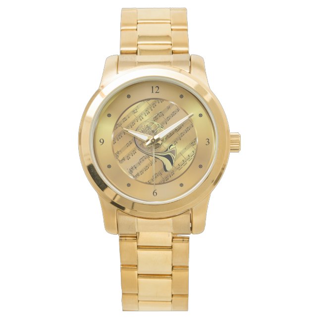 Fransk Horn ~ Lakan Music ~ Guld Background ~ Armbandsur (Framsida)