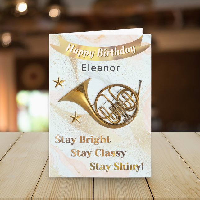 Fransk Horn Music Älskare Personlig Birthday Kort (A birthday card with picture of a French horn, Happy Birthday banner and uplifting words)