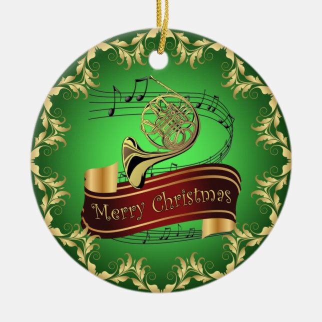 Fransk Horn ~ Musical Rulla ~ God jul ~ Julgransprydnad Keramik (Framsidan)