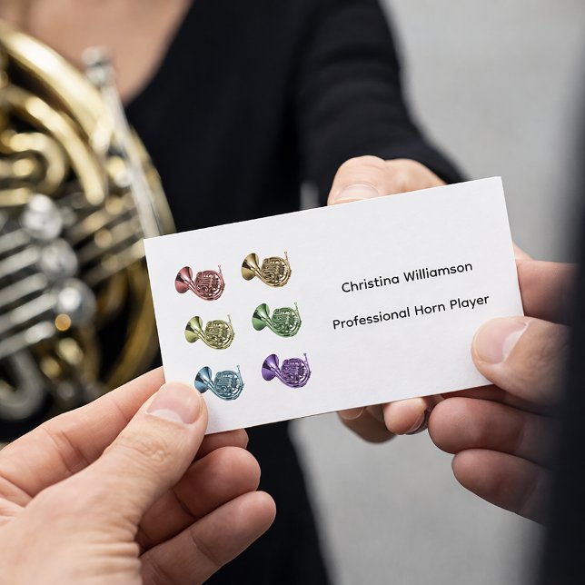 Fransk horn regnbåge musiker Personalisera Visitkort (A business card with a rainbow of french horns & text you can personalize!)