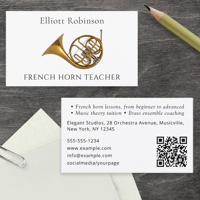 Fransk Horn Teacher Musical Instrument Music Tutor Visitkort (A stylish business card for a French Horn teacher, with horn picture, custom text and QR code)
