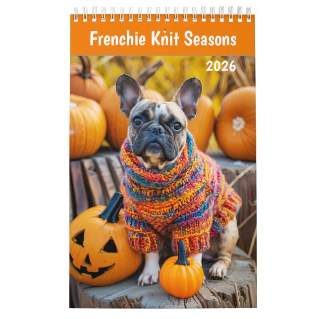 Fransk Hund Stickade Årstider - 2026 Mysig Hundkal Kalender (Omslag)