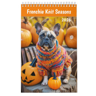 Fransk Hund Stickade Årstider - 2026 Mysig Hundkal Kalender