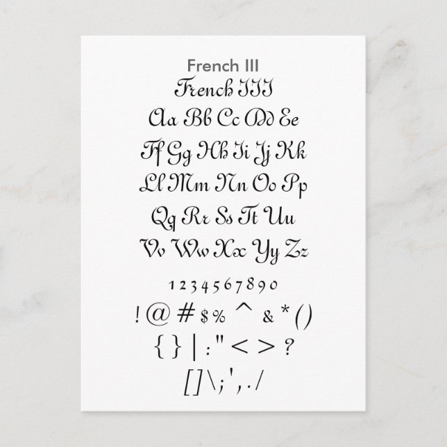Fransk III - Zazzle Font Sampler Lakan Vykort (Framsida)