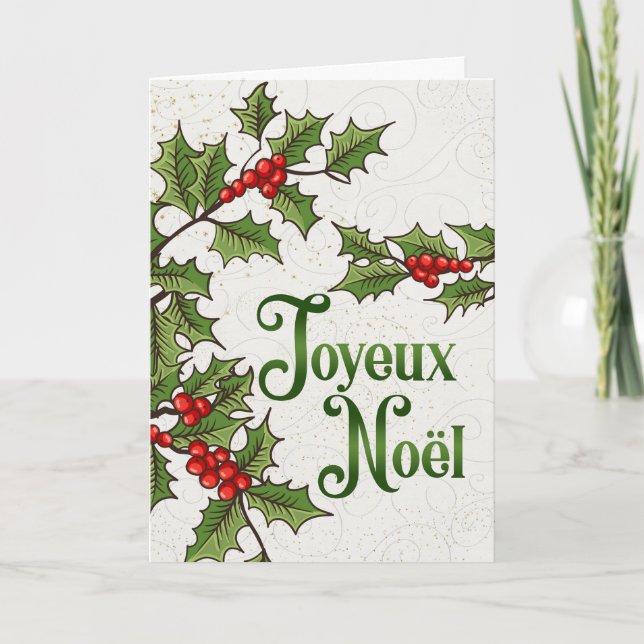 Fransk Joyeux Noel Red och Grönt Holly Berries Helgkort (Framsida)