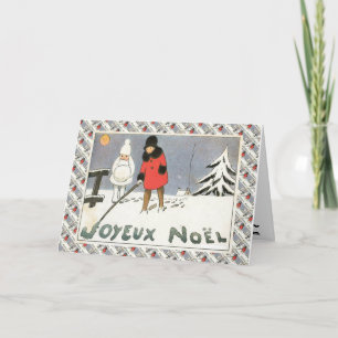 Fransk jul för vintage, barn i snön helgkort