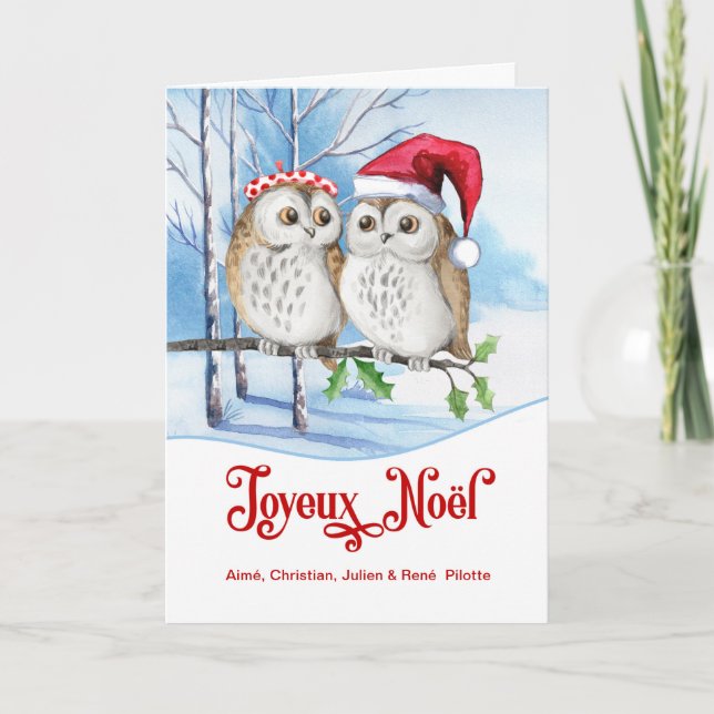 Fransk jul Joyeux Noel Woodland Uggla Helgkort (Framsida)