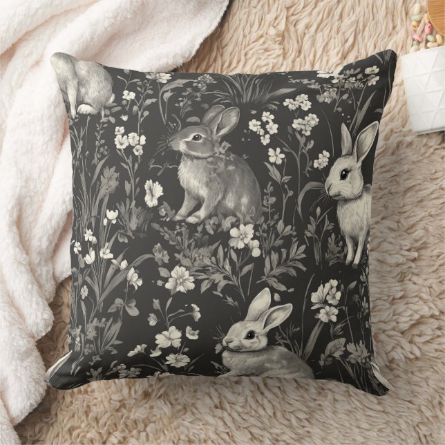 Fransk kanin toile i svart blommönster kudde (Filt)