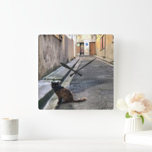 Fransk Katt Fyrkantig Klocka