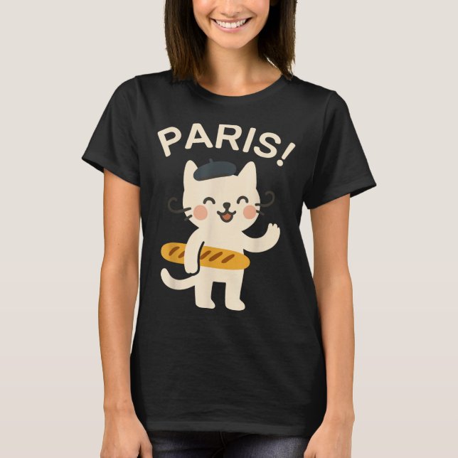 Fransk katt med baguett söt katt Paris rolig anim T Shirt (Framsida)