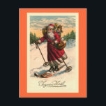 fransk-kort för Vintagen "Santa on Skis" Helg Vykort<br><div class="desc">Designad av Susan Epps Oliver. Bild för Fransk av vintage som visar Jultomten på skal. Han ser mycket lycklig som skidar ett berg med en basket frukt på arm och en säck leksaker på ryggen.</div>