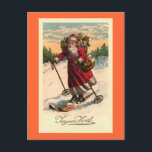 fransk-kort för Vintagen "Santa on Skis" Helg Vykort<br><div class="desc">Designad av Susan Epps Oliver. Bild för Fransk av vintage som visar Jultomten på skal. Han ser mycket lycklig som skidar ett berg med en basket frukt på arm och en säck leksaker på ryggen.</div>