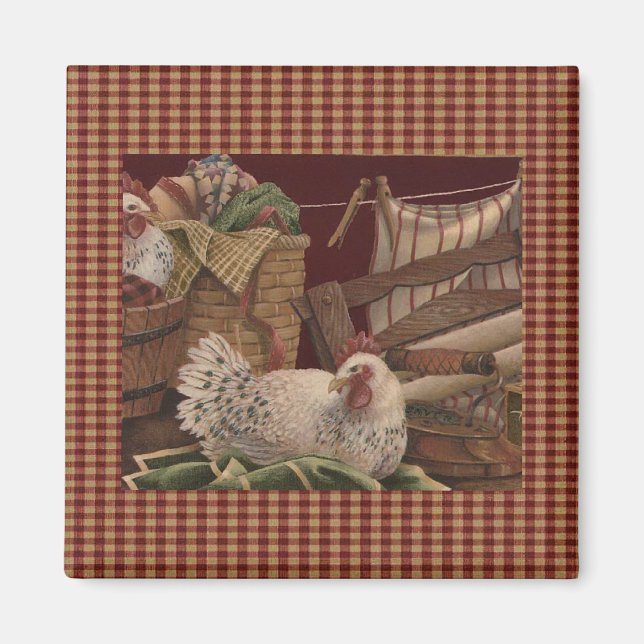 Fransk Land Barn Red/Hens Fridge Magnet (Framsidan)