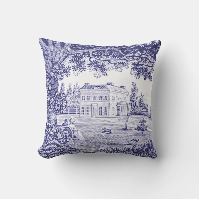 Fransk Land Blue Toile Pillow - Garden Scene Kudde (Framsida)