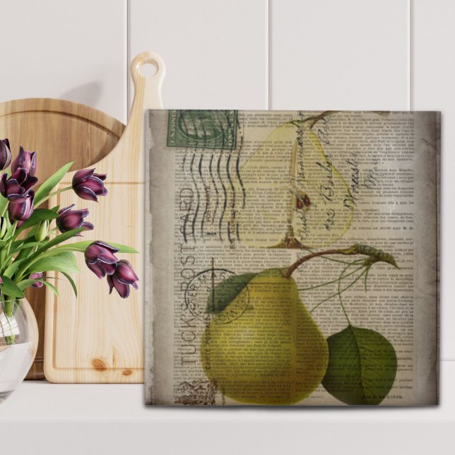 fransk land botaniskt illustrationspäron av vintag kakelplatta (french country botanical illustration vintage pear ceramic tile)