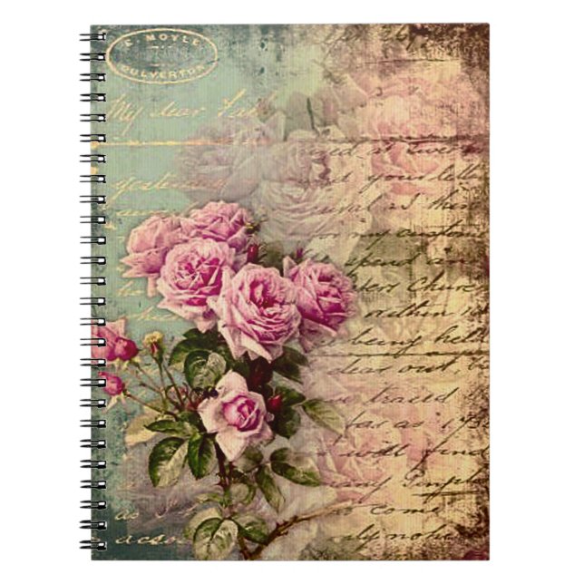 Fransk land chic,shabby chic, rosa ros, flora, anteckningsbok (Framsidan)