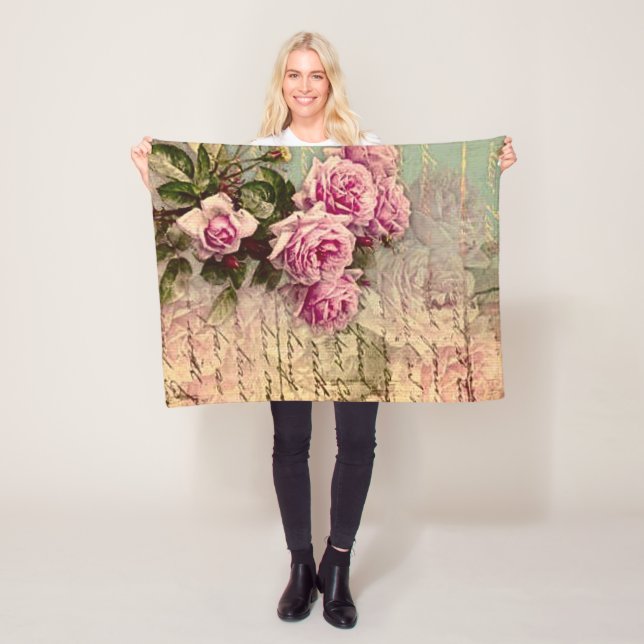 Fransk land chic,shabby chic, rosa ros, flora, fleecefilt (På plats)