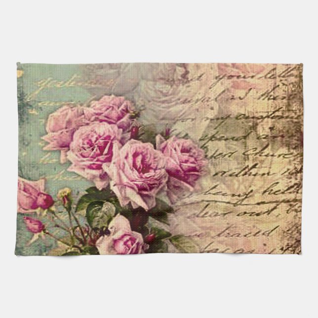Fransk land chic,shabby chic, rosa ros, flora, kökshandduk (Horisontell)
