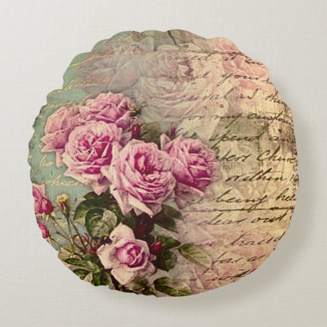 Fransk land chic,shabby chic, rosa ros, flora, rund kudde (Framsidan)