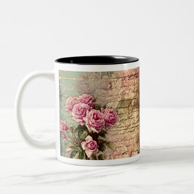 Fransk land chic,shabby chic, rosa ros, flora, Två-Tonad mugg (Vänster)