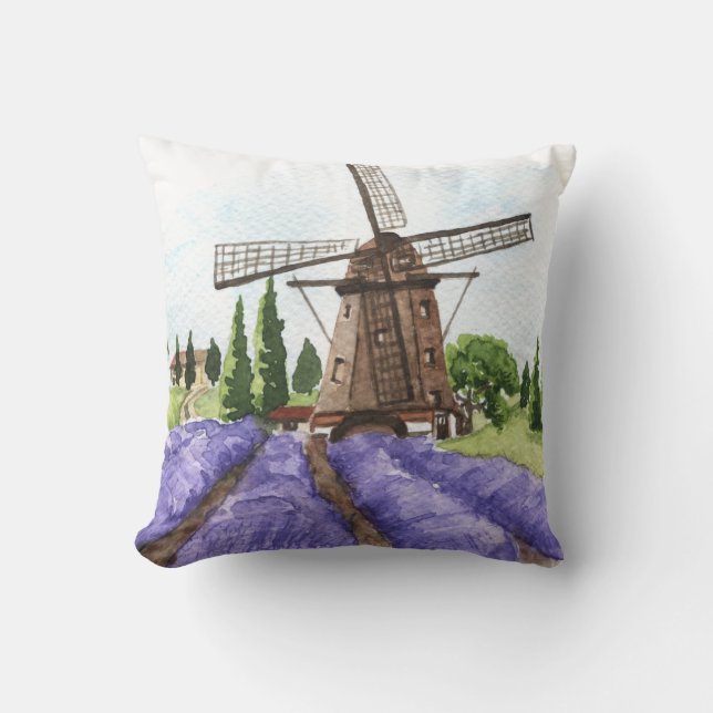 Fransk Land Decor Kvarn & Lavender Fält Kudde (Framsida)