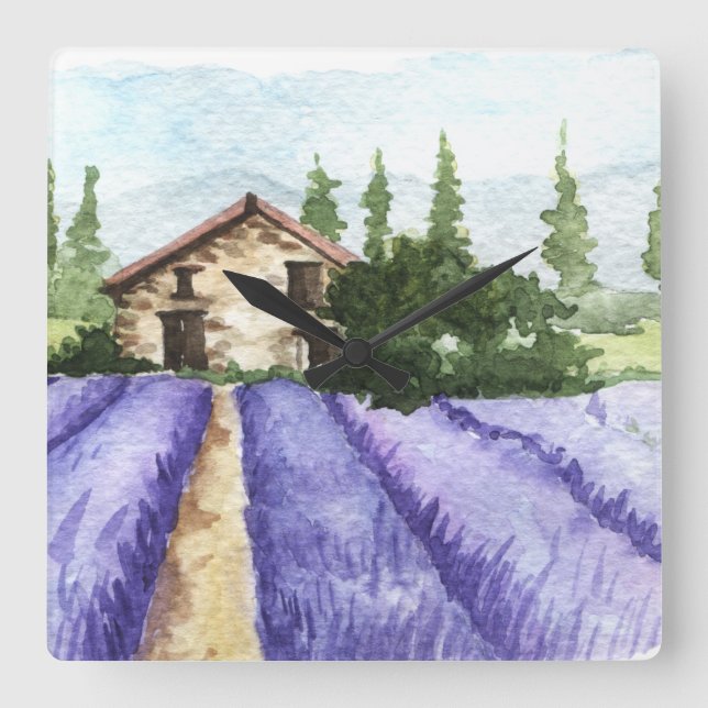 Fransk Land Decor Lavender Fält Fyrkantig Klocka (Framsida)