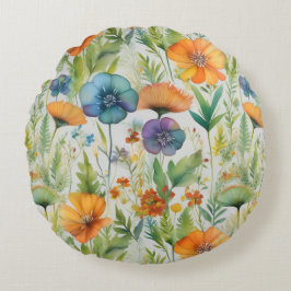 Fransk Land Decor Watercolor Wildblommor Rund Kudde
