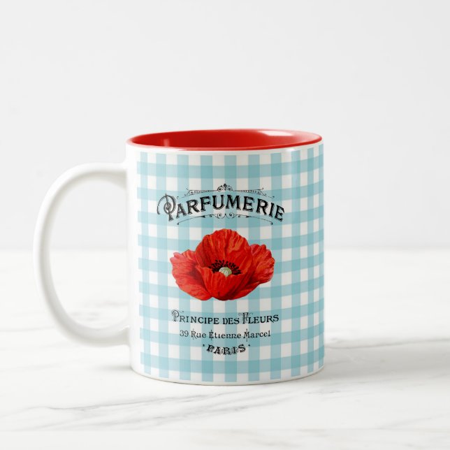 Fransk Land Parfym Red Poppy Teal Checkered Två-Tonad Mugg (Vänster)